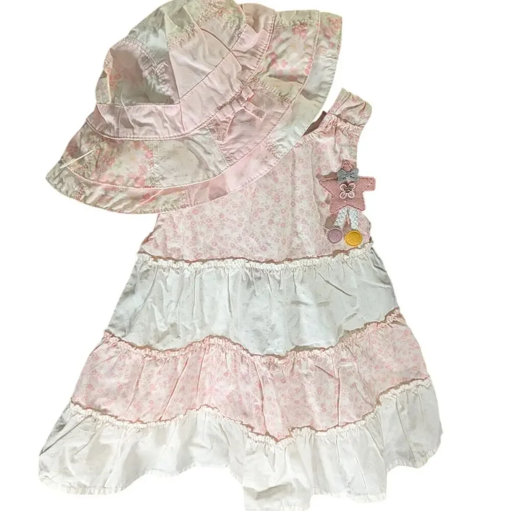 Baby Girl Floral Ruffle Dress Sun Hat Hair Clip 3 Pc Set Pink White 12-18M